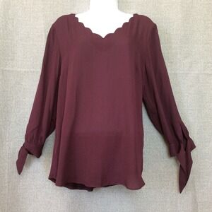 Fortune + Ivy Farrow Blouse Dark Purple Burgundy Lg Tie Sleeve Scalloped Office